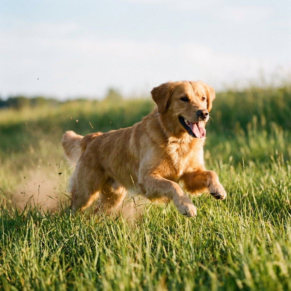 Golden retriever corriendo por la hierba al atardecer